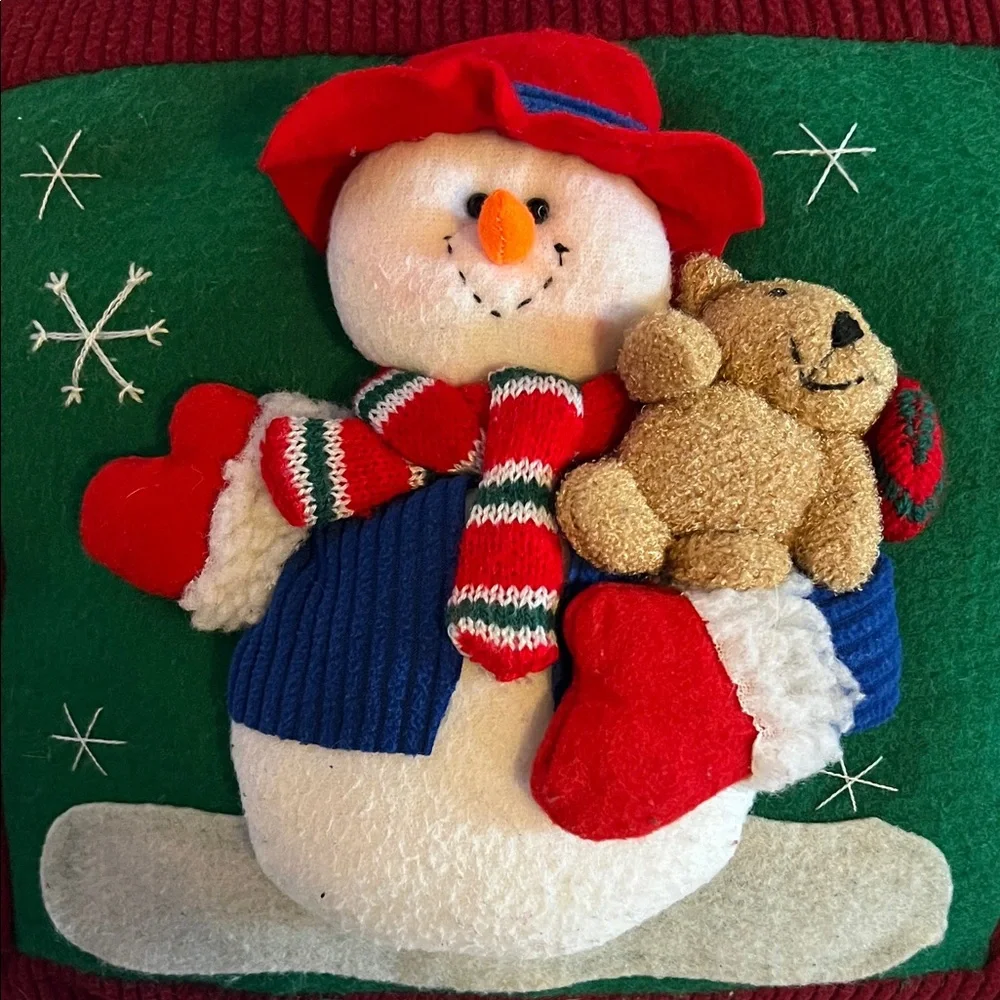 Festive Snowman and Bear Holiday Pillow